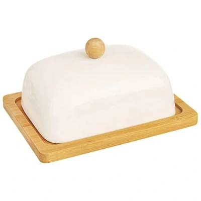 Afbeelding van ORION GROUP Porseleinen botervloot met deksel 16x13x8,5 cm wit porselein en bamboehout ecologische botercontainer perfecte tafel keukendecoratie