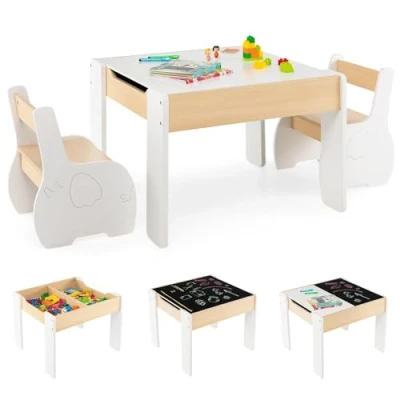 Afbeelding van COSTWAY Kindertafel met 2 stoelen, 3 delige kinderzitgroep van hout omkeerbaar en afneembaar tafelblad, schildertafel voor kinderen opbergruimte, kindermeubel, zitgroep vanaf