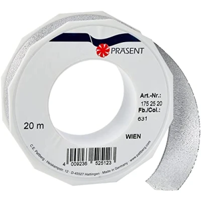 Afbeelding van PRÄSENT C.E. Pattberg Wenen Cadeaulint, zilver, 20 m cadeaulint om in te pakken, 25 mm breed, accessoires voor decoreren en knutselen, decoratielint geschenken