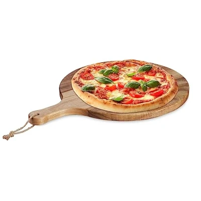 Afbeelding van Relaxdays pizzaplank, ronde snijplank van acaciahout, Ø 35,5 cm, pizzabord, met handvat, kaasplank, serveerplank, natuur