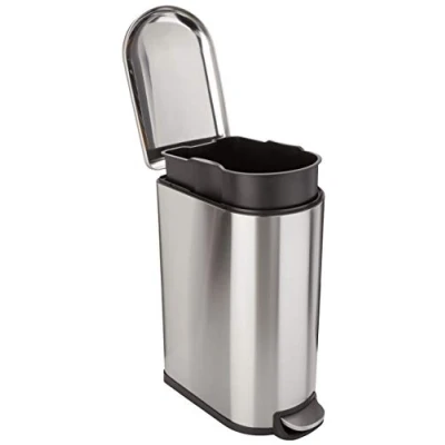 Afbeelding van Amazon Basics Afvalbak, voor de badkamer, rechthoekig, met roestvrijstalen voetpedaal, softclose mechanisme, thuis en op kantoor, 40 liter, zilver