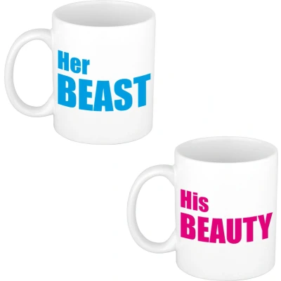 Afbeelding van Her beast en his beauty cadeau mok / beker wit met blauwe roze blokletters 300 ml feest mokken