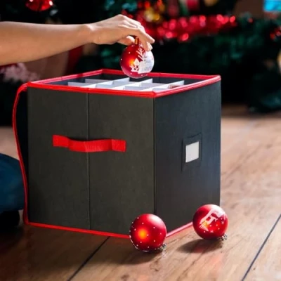 Afbeelding van CKB LTD Rode en zwarte kerstbal opbergdoos V2 kubus met vakken voor maximaal 64 kerstballen, kerstversieringen loftdecoraties, container 33 x cm