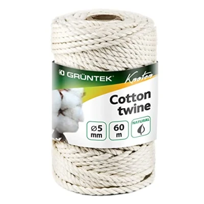 Afbeelding van GRÜNTEK katoenen koord 5 mm, 60 meter, bindgaren, koord, tuinkoord, macramé knutselkoord, rol natuurlijke kleur, 100% katoen