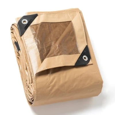 Afbeelding van GUARD SHIELD afdekzeil, met inslagringen, waterdicht, 5 m x 6 m, beige/kaki, multifunctioneel polyester zeil, 120 g/m², scheurvast, uv gestabiliseerd