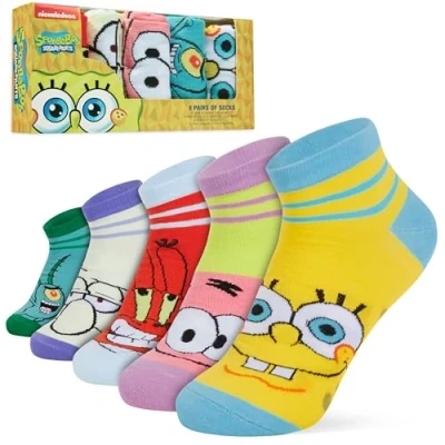 Afbeelding van SPONGEBOB SQUAREPANTS Heren enkelsokken, zachte en ademende sokken, 5 stuks, cadeau voor hem, Meerkleurig, 6.5 10.5 UK