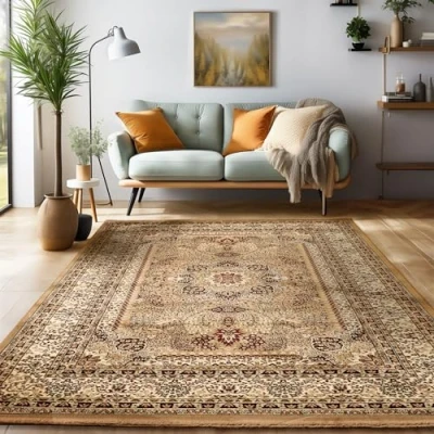 Afbeelding van Laagpolig vloerkleed, Oosters ontwerp, Vloerkleed Beige, 200 x 290 cm, Tapijten in oosterse stijl, Tapijt woonkamer
