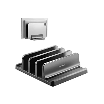 Afbeelding van VAYDEER Verticale laptopstandaard, ruimtebesparend en verstelbaar, 5 in 1, 3 sleuven, geschikt voor MacBook, notebook, iPad laptops tot 17,3 inch, zwart