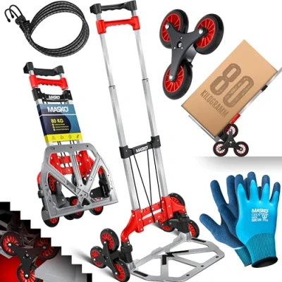 Afbeelding van MASKO® Trappensteekwagen, inklapbaar, 80 kg draagkracht, 3 x trapklimmers incl. wielen + 2 expandertouwen handschoenen, in hoogte verstelbare handgreep, aluminium handkar voor transportwagen, rood