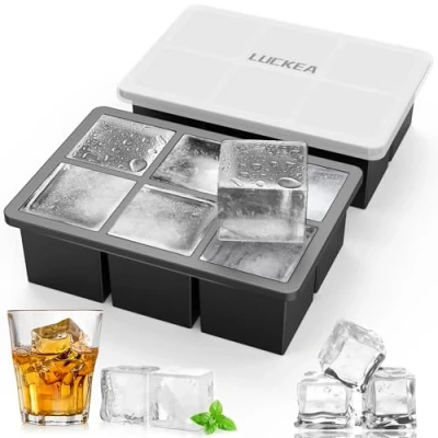 Afbeelding van LUCKEA XXL siliconen ijsblokjesbakje, grote ijsblokjesvorm met deksel, 6 vakken, set van 2, BPA vrij, voor gekoelde dranken, whisky en cocktails