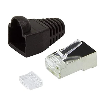 Afbeelding van Faconet Set van 20 RJ45 krimpstekkers, netwerkstekker, CAT 5e, 6, STP, afgeschermd, met inrijghulp en hoes, knikbescherming, zwart, stekker voor patchkabel, LAN kabel