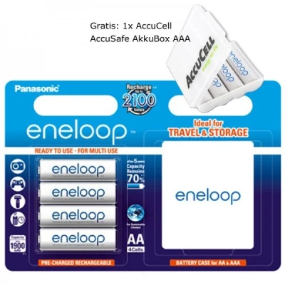 Afbeelding van AA Panasonic Eneloop Mignon BK 3MCCEC4BE 2000mAh 4 stuks incl. koffer en AccuCell AkkuSafe