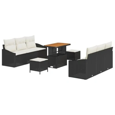 Afbeelding van vidaXL 9 delige Tuin Sofa Set met Kussens Zwart Poly Rattan Acaciahout, 2 zits Rattan, 3 Eet Acaciahout