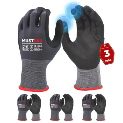 Afbeelding van Mustbau werkhandschoenen voor heren, zwart, met touchscreen, nitril coating montagewerk, monteurs, tuinieren en bouwwerkzaamheden, maat S, 3 paar