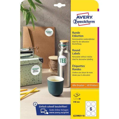 Afbeelding van Avery Zweckform Ronde Etiketten, Diameter 80 Mm, Wit, Afneembaar, 60 10 Vellen Etiket