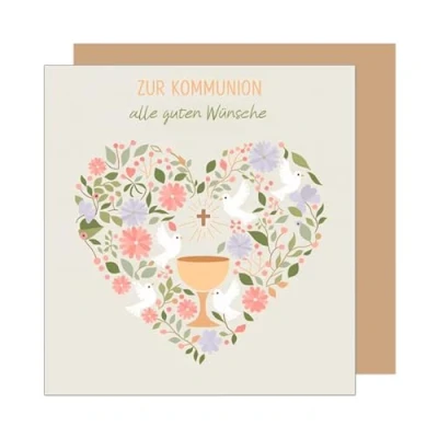 Afbeelding van Edition Seidel Premium vierkante wenskaart voor communie met envelop. Communiekaart spreuk kaart jongen meisjes jongeren duif kruis hart (KOQ106 SW025)