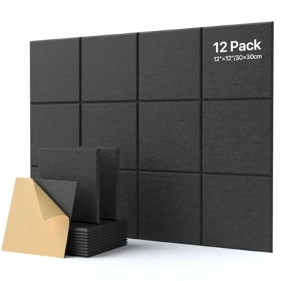 Afbeelding van Akoestische panelen Zelfklevend, 12 stuks Geluidsisolatie muur Hoge dichtheid polyester Afgeschuinde rand Ontwerp Zwart voor Plafond Hout en deur 30x30x0,9cm