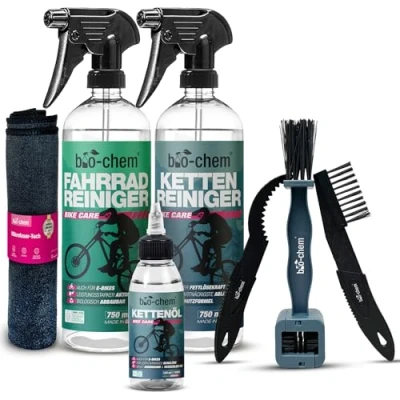 Afbeelding van Bio Chem set van 7 producten voor fietsketting en framereiniger 750 ml kettingreiniger smeerolie 100 met 3 borstels + MTB borstel