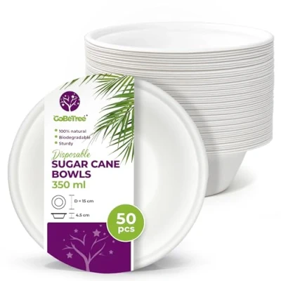 Afbeelding van 50 Wegwerp Suikerriet Papieren schalen 350 ml. Biodegradeerbaar extra sterk wit wegwerpservies. voor feestjes en ontbijtjes. Bagasse
