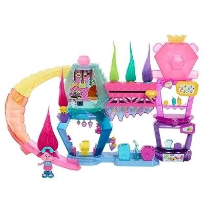 Afbeelding van Mattel DreamWorks Trolls Band Together Speelgoed, Buitengewone Berg Speelset met Koningin Poppy Kleine Pop en meer dan 25 Accessoires, 4 Haarpoppen HNV37