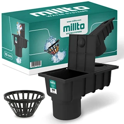 Afbeelding van Millto™ Regengootbak met zeef, 110 mm, regenwaterafvoer, dakgoot, afvoer, Gully sifon, rechthoekige controleschacht, terugslagsluiting, geurklep