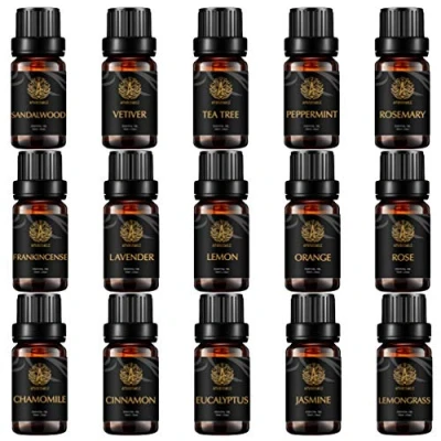 Afbeelding van Top 15 Aromatherapie etherische olieset voor diffuser, 100% pure olieset, therapeutische kwaliteit roos, jasmijn, sandelhout, vetiver, pepermunt, wierook, citroen en