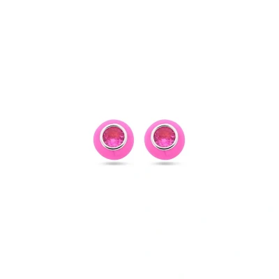 Afbeelding van Zilver Gerhodineerd Oorknoppen Roze Emaille En Corundum Zirkonia 1338941