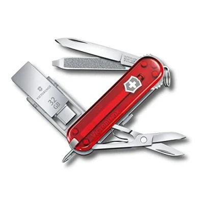Afbeelding van Victorinox Taschenmesser @Work (8 Funktionen, Klinge, USB Stick 32GB, Schere, Nagelfeile, Kugelschreiber) rot transparent