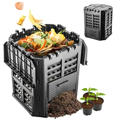 Afbeelding van KADAX Compostbak, zwarte compostinstallatie, snelcompostbak van kunststof, weerbestendige thermocompostbak met inklapbaar deksel (360 l)