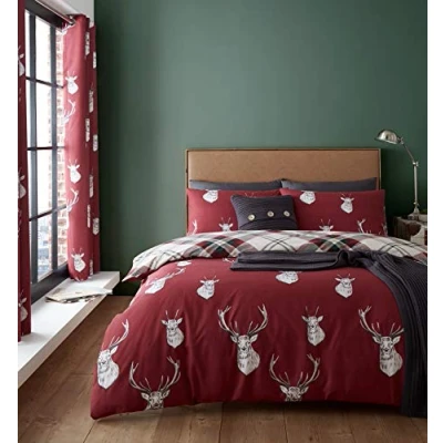 Afbeelding van Catherine Lansfield Munro Stag Check Easy Care King Dekbedovertrek Set Rood