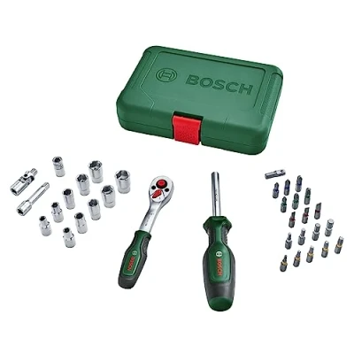 Afbeelding van Bosch Home and Garden 1/4&quot; krachtdoppenset met ratel 34 delig (hoogwaardige, veelzijdige voor diverse doe het zelfklussen; ergonomisch, handgreep softgrip; magnetische bithouder)