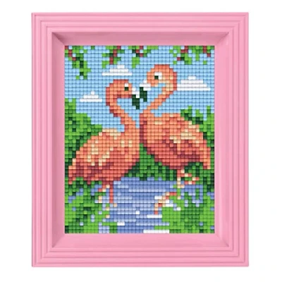 Afbeelding van pixel P31442 Mozaïek geschenkdoos flamingo&#039;s, afbeelding met kader, zeer eenvoudig insteeksysteem, niet strijken of lijmen, steentjes van bio plastic