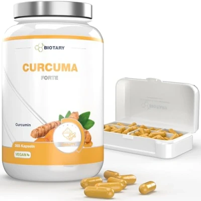 Afbeelding van Curcuma Forte 365 capsules 4500 mg per dagelijkse portie inclusief pillendoosje hoge dosis veganistisch met zwarte peper laboratoriumgetest