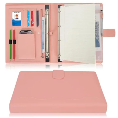 Afbeelding van Wonderpool A4 PU lederen 4 ringhouder schrijfportfolio multi documententas met afneembaar bindklembord en functioneel vak voor organisator kantoor reizen school (roze)