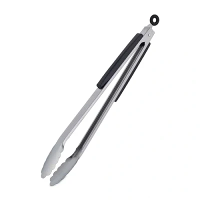 Afbeelding van Relaxdays barbecuetang, rvs, houten handgreep, lange serveertang voor bbq en keuken, 38 cm, ophangoogje, zilver/zwart