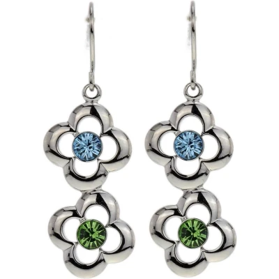 Afbeelding van Behave Oorbellen hangers bloem zilver kleur met blauw en groene stenen