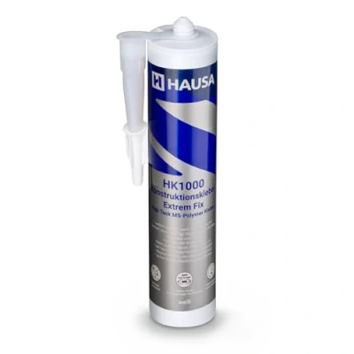 Afbeelding van HAUSA Montagelijm constructielijm Hybrid HK1000 wit 290 ml polymeer kit bouwlijm piepschuim lijm patroon extra sterke krachtlijm voor binnen en buiten, High Tack 400 kg/10 cm² alleslijm