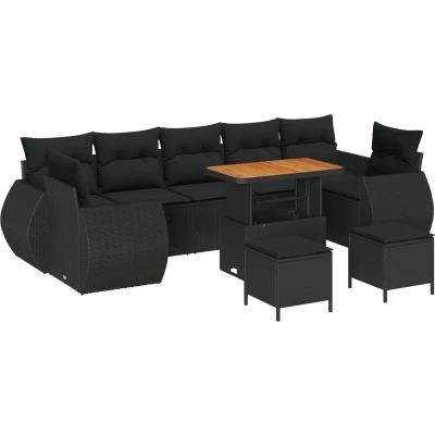 Afbeelding van vidaXL 10 Delige Tuin Sofa Set met Kussens Zwart Poly Rattan Acacia, 3 Eet Acacia