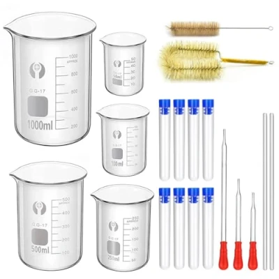 Afbeelding van ZEEROQOLAB Set van 5 glazen borosilicaatglas, gegradueerde bekerglazen, 1000 ml, 500 250 100 50 met 8 reageerbuisjes kunststof en 2 wasborstels, 3 pipetten