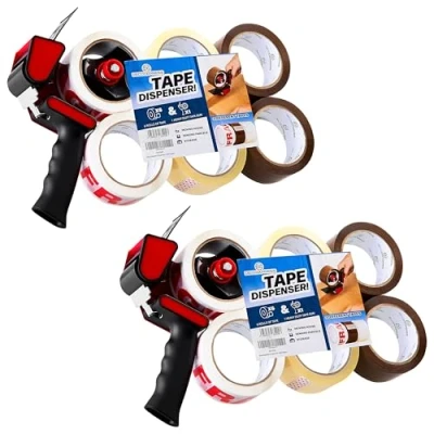 Afbeelding van Verpakking Tape Dispenser Gun en 6 Rollen Sterke Bruine Breekbare Duidelijke Heavy Duty voor Verpakken Dozen Verhuizen Huis Essentials (Dispenser Mixed, 2 Pack)