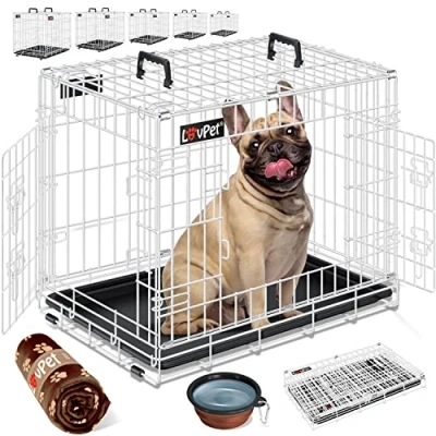 Afbeelding van LOVPET® Hondenbench, inklapbaar, hondentransportbox, incl. fleecedeken + kom, hondenkooi met 2 deuren, voor auto, dierentransportbox, bodemschaal, 92,5 x 57,5 64 cm, L, wit