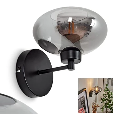 Afbeelding van wandlamp Haikala, moderne van metaal/glas in zwart/rookkleur, retro/vintage lamp Up met kap gerookt glas (Ø 18,5 cm), 1 lamp, x E27, zonder gloeilampen