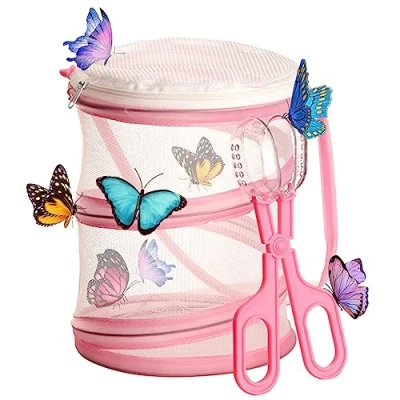 Afbeelding van TAIZER Vlinderhabitat Vlinder Habitat Kooi Inklapbare Insectenvanger Net Insect en Habitatkooi pop up Ontwerp Insectenkooi Rond Gaas (Roze)