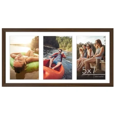 Afbeelding van Americanflat 8x16 Collage fotolijst met drie 5x7 displays in walnoot composiet hout breekbestendig glas horizontale en verticale formaten voor muur