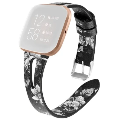 Afbeelding van Fitbit Versa 1 / 2 &amp; Lite bandje TPU leer Bloemenprint zwart