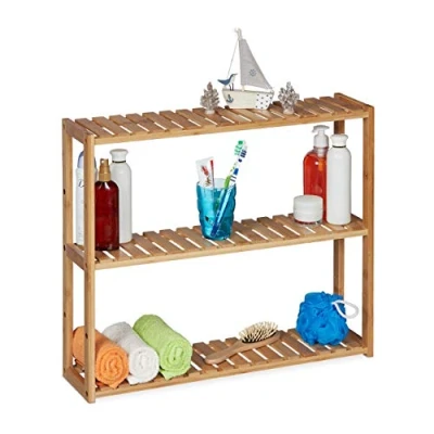 Afbeelding van Relaxdays bamboe wandrek, 3 etages, in de hoogte verstelbaar, HBD: 50x60x15 cm, badkamer &amp; keuken, open wandkast