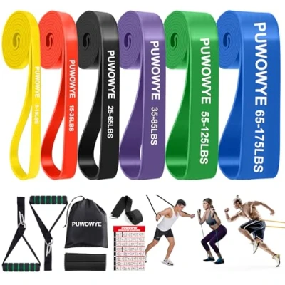 Afbeelding van Weerstandsbandenset, 6 verschillende niveaus fitnessbanden met deuranker, handgrepen, beschermhoes, draagtas en trainingshandleiding, weerstandsbanden voor fitness/yoga/krachttraining mannen