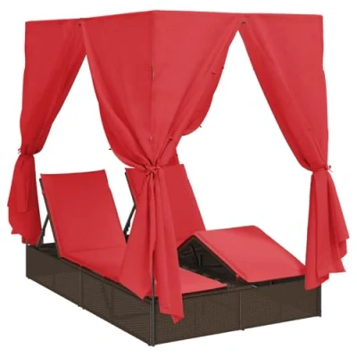 Afbeelding van vidaXL Dubbele Zonne Lounger Set van 2 Bruin en Rood Rattan Polyester