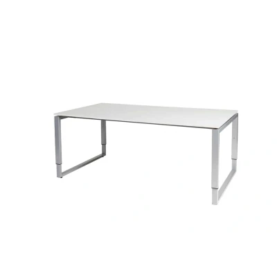 Afbeelding van Domino Plus vergadertafel, hoogte instelbaar (62 85cm) met 180x100cm &#039;zwevend&#039; krijtwit 25mm blad en aluminium (RAL9006) O poot frame