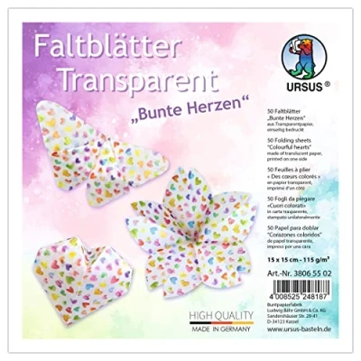 Afbeelding van Ursus 38065502 transparante vouwbladen kleurrijke harten, 50 15 x cm, eenzijdig bedrukt, voor het knutselen en vouwen van figuren, sterren raamafbeeldingen
